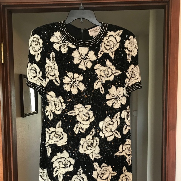 Beaded Sequined Black Floral Cocktail Dress - Picture 2 of 4